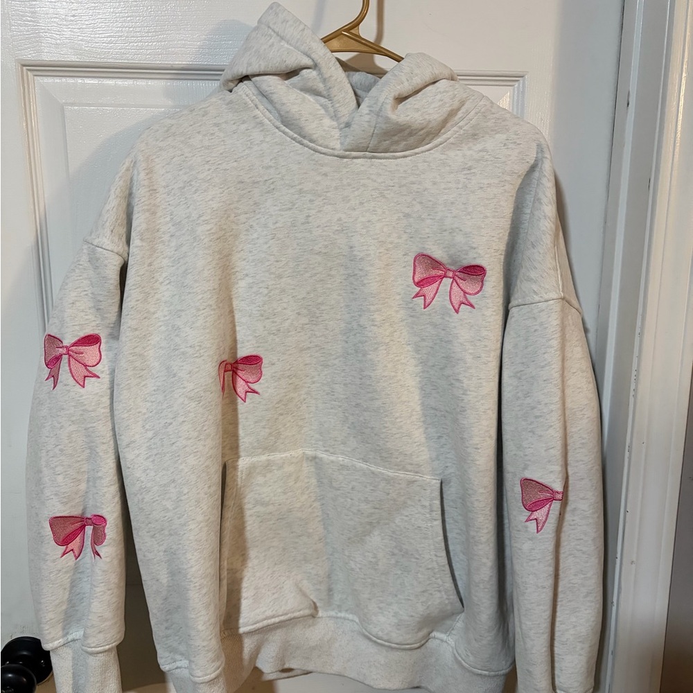 Sunkissed Coconut Gray Hoodie with Pink Bow Accents